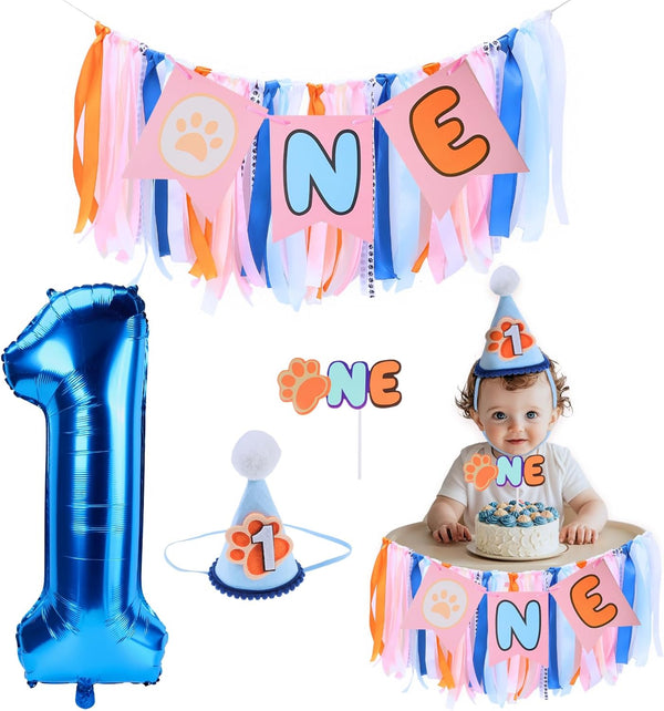 Blue Dog Highchair Banner for First Birthday Party Decorations Orange Navy Blue