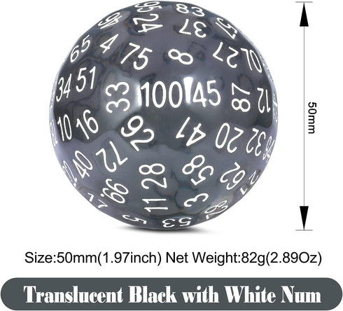 100 Sided Dice Set: Translucent Black DND D100 Die with Pouch