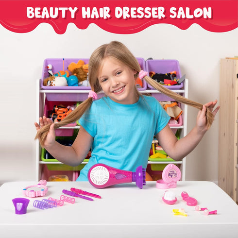 JOYIN 17Pcs Girls Beauty Salon Set, Pretend Play Doll Hair Stylist Toy Kit with Accessories
