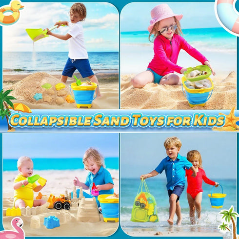 Set 1-3 4-8 Summer Collapsible Beach Sand Toys for Kids - Includes Bucket, Mesh Shovel, Filter Scooper & Castle Molds