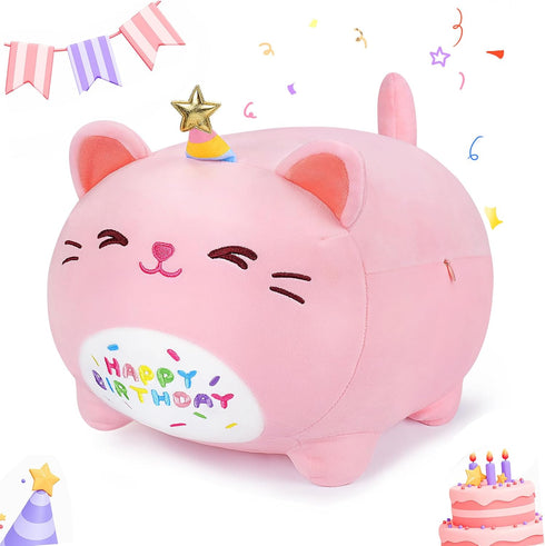 16'' Pink Birthday Cat Plush Stuffed Animal, Kawaii Plushies Cat Body Pillow, Gifts for Kids and Girlfriend