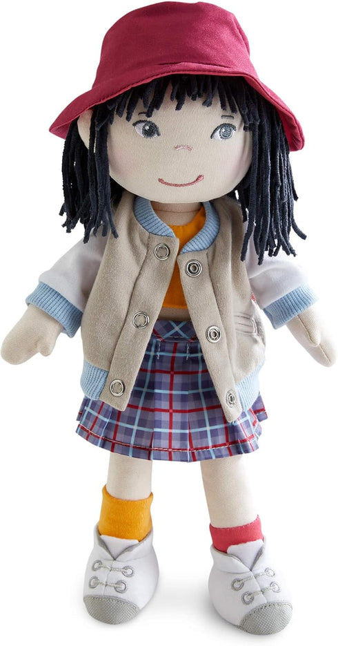 HABA 12" Soft Doll Yuki with Black Hair, Embroidered Face, Stylish Bucket