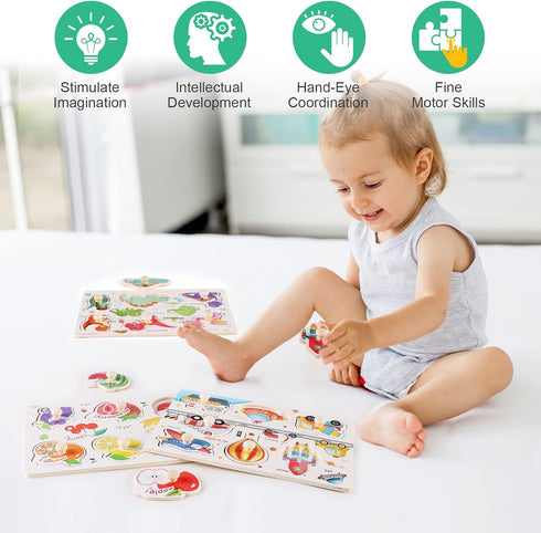 Wooden Peg Puzzles for Toddlers 1-3, Educational Preschool Peg Puzzle Toy Set of 3 - Traffic, Dinosaur, Fruit