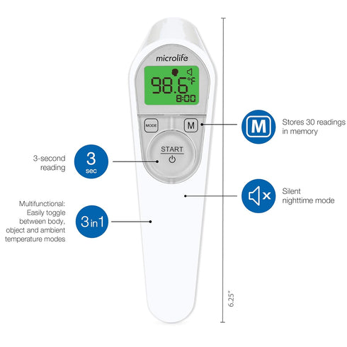 Microlife Non-Contact Digital Infrared Forehead Thermometer, Large Backlit LCD Screen, Fever Alarm, Accurate Readings