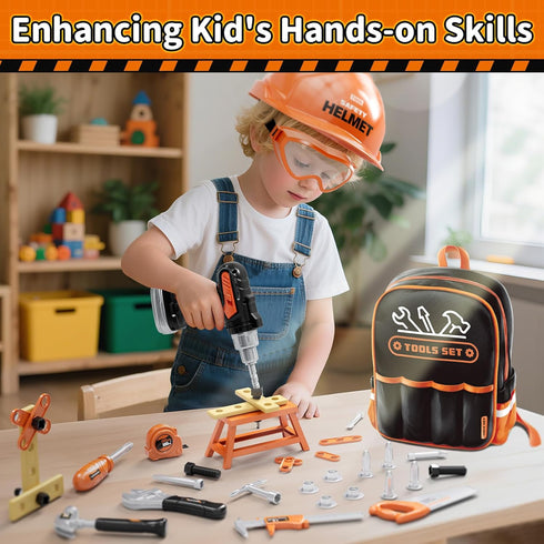 Set Backpack, 50 Set 3 4 KidBloom Toddler Tool with PCS Kids Tool with Electronic Toy Drill, Safety Helmet & DIY Parts