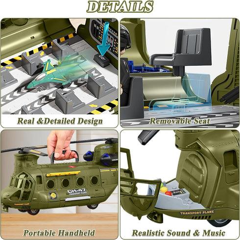 Yiwsnust Set Playset Military Helicopter Toys with Light - Friction Powered Transport Helicopter Toy with Army Tanks