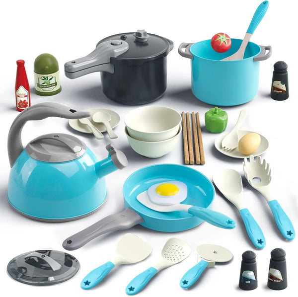 Bruvoalon 32Pcs Kids Play Kitchen Toy Set, Pretend Cooking Accessories with Pots, Pans, and Foods for Girls Boys
