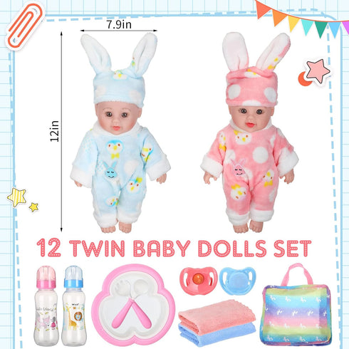 Jerify 10 Pcs Realistic Soft Twin Baby Dolls Toy Set - Includes 2 Pcs 12 Inch Dolls, Feeding Set, Pacifiers, Diapers,