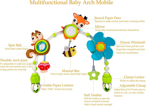 BATOHO Baby Stroller Arch Mobile, Adjustable Musical Cirb Mobile Toys with Universal Clamps, Versatile Activity Toy Bar
