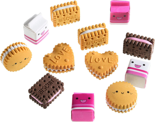 Cookie Erasers for Kids - 12 Pieces 3D Cute Food Puzzle Mini Biscuit Erasers, Fun Desk Pet Erasers