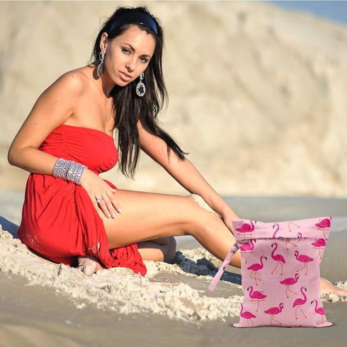 CQM 12x10 Inch, Seamless Pink Flamingo Wet Bags Flamingos Pattern Waterproof Travel Laundry Bags, Reusable Wet Dry Bag