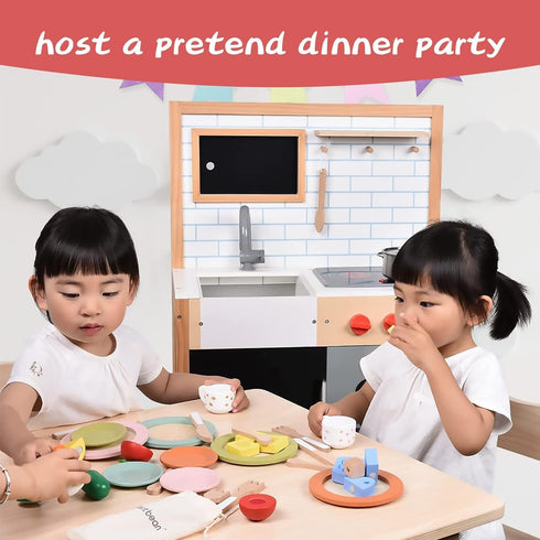27PCS Set, Giant bean Wooden Toy Plates and Dishes for Kitchen Wooden Play Kitchen Accessories for Girls and Boys