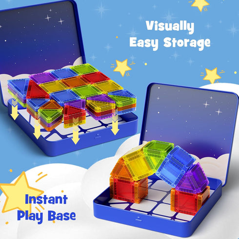 3-8, 60pcs Mini Magnetic Tiles Travel Kit for Kids Ages Portable Magnetic Building Blocks with Visual Storage Guide