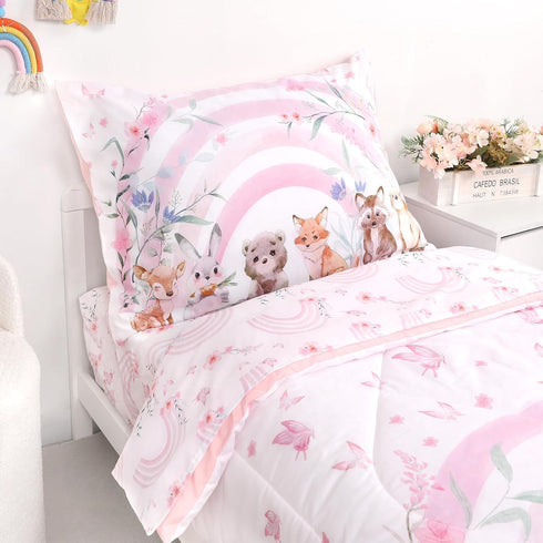 Set 4 Set Hooyax Toddler Bedding for Girls - Piece Rainbow Toddler Comforter Includes Fitted Sheet, Comforter
