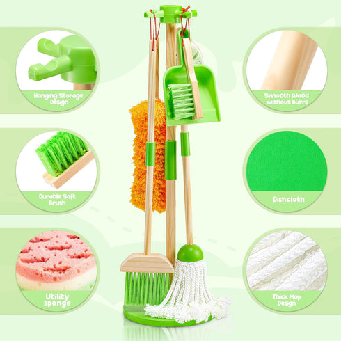 Set Set 8 Set 3-6, WHOHOLL Wooden Kids Cleaning Toddler Broom for Housekeeping Pcs Broom and Mop for Toddlers Cleaning