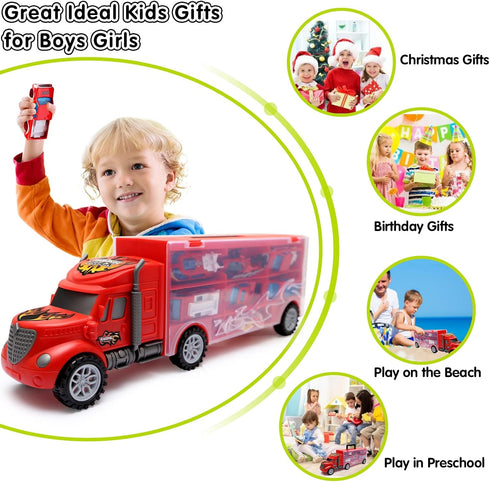 JODUDLR 3-4 Set 12-in-1 3-7,Red Toddler Toys for Year Old Boys,Large Transport Cars Carrier Truck Toys with Vehicles