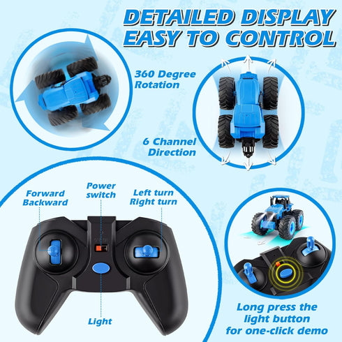 BAYSING 3, 4, 5, 6, 7 Remote Control Monster Tractor Toy for years old, Blue Light Up Monster Trucks Toy with LED