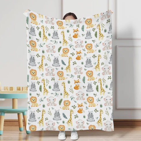 Jungle Safari Animals Baby Blanket for Boy Girl - Flannel Swaddle Blanket with Elephant Lion Giraffe Hippo Fox 30x40