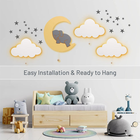 Lumipets Lighted Elephant on Moon, Nursery Night Light, Wall Mounted Lighted, Battery Operated Cloud Light