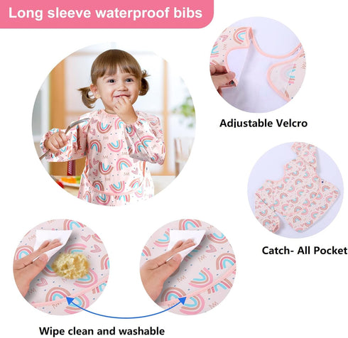 SPINFOX 2 Pack 6-24 Baby Smock for Eating, Mess Proof Baby Bib, Waterproof Toddler Baby Feeding Bibs Shirt for Girl