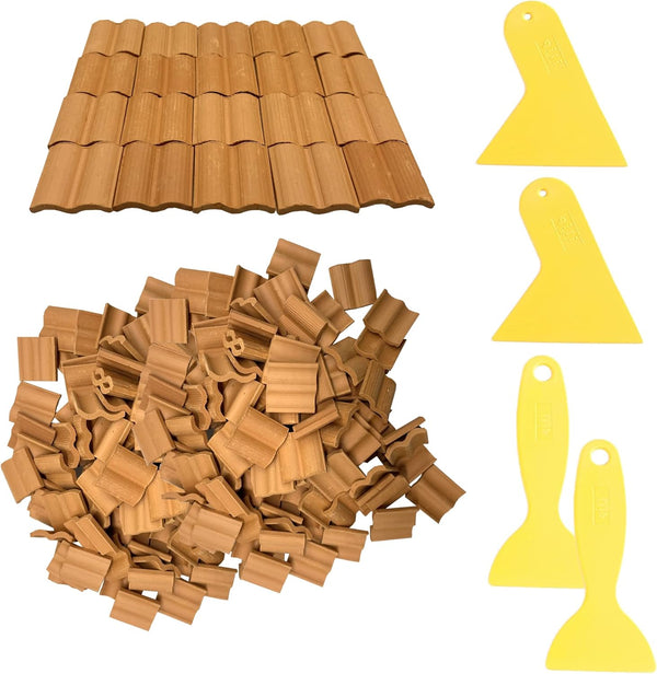 Cayway 300 PCS Mini Red Roof Tiles Set, Red Miniature Tiles with Scraper for Dollhouse Fake Tiles DIY Landscape