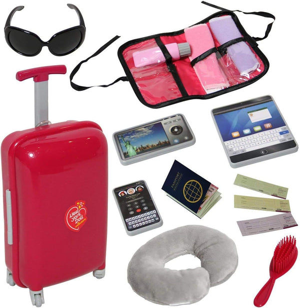 Doll Accessories - Best Toys for 3 Year Old Girls, 15 pc Travel Playset Includes Suitcase, Glasses, Pillow
