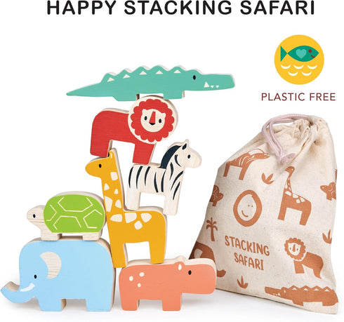 Happy Stacking Safari – 7pc Wooden Stacking Toy for Toddlers – Colorful Balancing Activity Toy with Bag