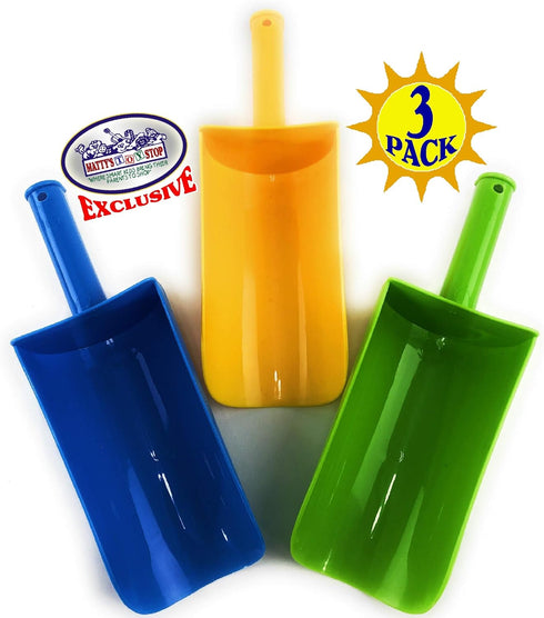 9" Set 3 Pack Matty's Toy Stop Kids Short Handle Sand Scoop Plastic Shovels for Sand & Beach (Yellow, Blue & Green)