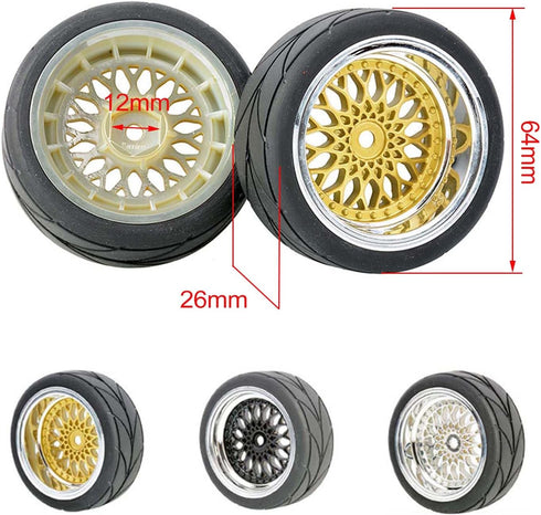 4PCS/Set 64mm Rubber Tires & Plating Plastic Wheels Rims for 1/10 RC On-Road Touring Car Racing (Gold, Offset 9mm)