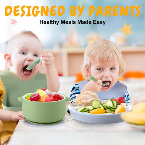 9 Set Teenyyou Pcs Porcelain Kids Plates and Bowls Feeding with Suction, Ceramic Baby Toddler Divided Plates Silicone