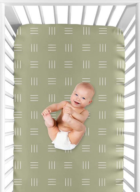 Sweet Jojo Designs Sage Green Boho Mudcloth Boy or Girl Fitted Crib Sheet Baby or Toddler Bed Nursery - White Bohemian