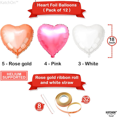 KatchOn Pack of 12 Rose Gold, White Pink Heart Balloons - 18 Inch Heart Shaped Balloons for Love Decorations