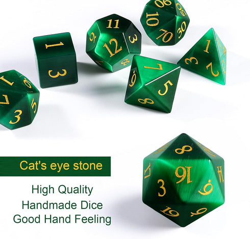 Cat's Eye Gemstone Dice Set - 7 Pcs Green Dice Set with Box for Dungeon and Dragon Dice Games.