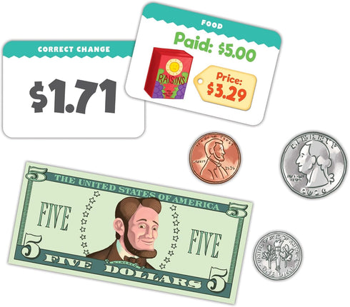 50 5 eeBoo: Making Change Game, Item Cards with Play Money, Develop Math and Practical Money Skills, Perfect for Ages