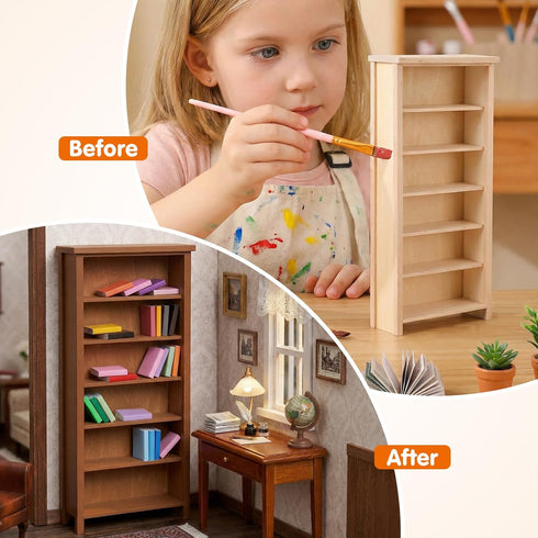 1:12 Scale Dollhouse Bookshelf, Doll House Model Storage Cabinet Wooden Miniature Bookcase Unfinished for Mini Book