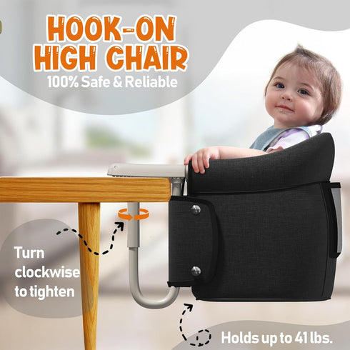 MYYOODI 3-Point Hook On High Chair, Portable Table Chair for Babies, Foldable Baby Feeding Chair with Safety Harness