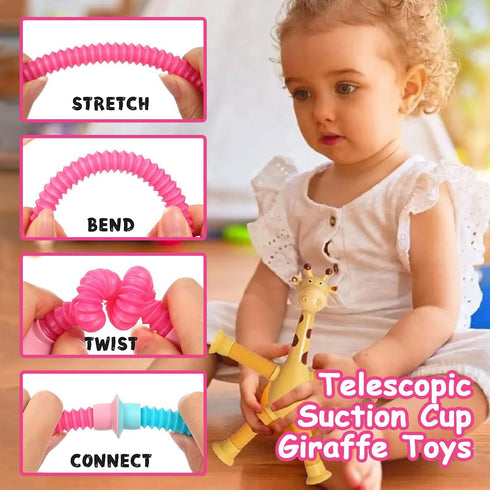 Telescopic Suction Cup Giraffe Toy, 4 Packs Pop Tubes Giraffe Fidget Toys, Educational Sensory Toy for Toddlers Travel