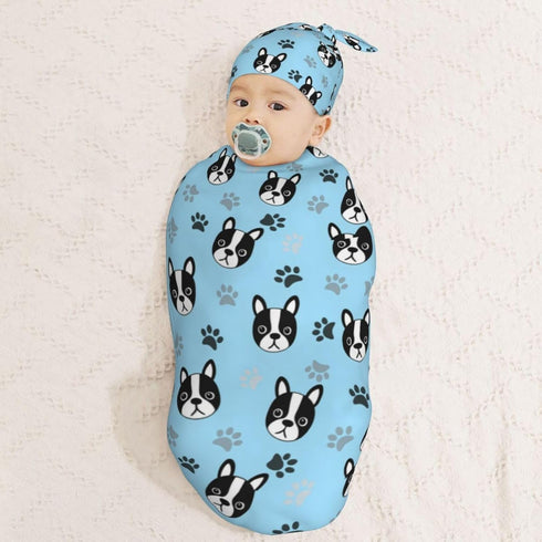 Set Cute Boston Terrier Puppy Newborn Swaddle Blanket with Beanie Soft Baby Sleep Sack Stretch Adjustable Swaddle Wraps