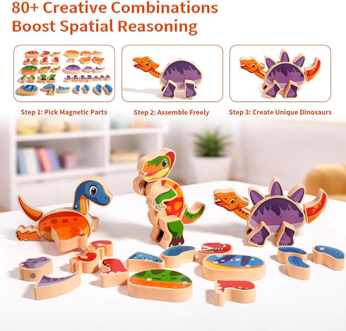3-6 INIFEIDALA Magnetic Wooden Dinosaur Building Blocks, Take Apart STEM Montessori Educational Toy, Fine Motor Skills