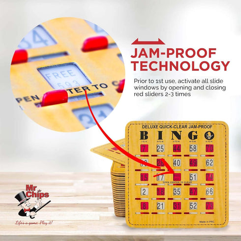 25 Pack MR CHIPS Jam-Proof Quick-Clear Deluxe Fingertip Slide Bingo Cards with Sliding Windows in Woodgrain Style