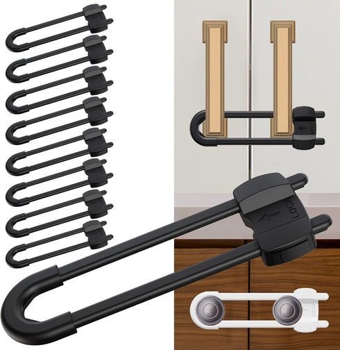 4 Buttons Child Safety Cabinet Locks, U-Shaped Baby Proofing Kitchen Locks, 10 Pack, Black