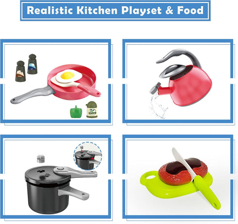 Bruvoalon 67Pcs Kids Play Kitchen Toys Set - Toddlers Pretend Cooking Playset Accessories with Pots, Pans, Utensils,