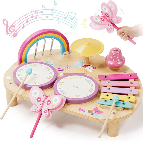 Lehoo Castle Toddler Drum Set, Unicorn Montessori Music Toys with Xylophone, 7