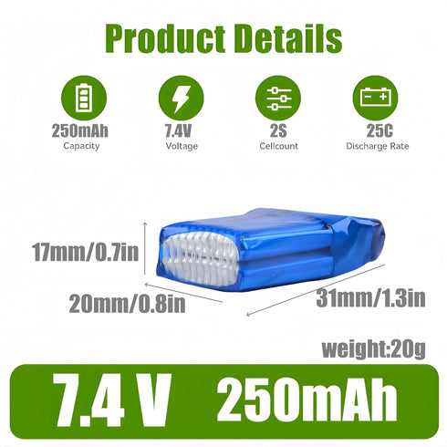 25C 250mAh 7.4V Lithium Battery for Orlandoo Hunter 1:35 RC Truck Jeep Toy with JST Plug & 2S USB Charging Cable
