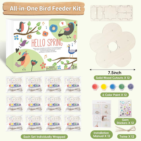 12 Pack 3-5 4-8 8-12, Bird Feeder Craft Kits for Kids Ages DIY Unfinished Wooden Art Painting Kits, Outdoor Bulk Toys