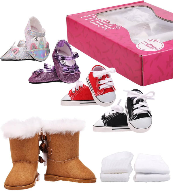 18 Inch Doll Shoes Set Compatible with American Doll, Snow Doll Boots, Canvas Sneakers, 7 Pairs with Gift Box