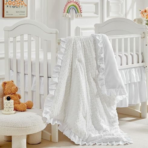 3 Pieces Tufted Crib Bedding Set with Ruffle Fringe, White Ruffled Comforter