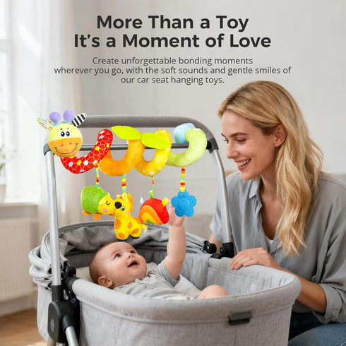 0-6-12 Carseat Toys Hanging for Babies Months, Crib Toy Hanging Plush Spiral Car Seat Toy, with Rattle, Teether