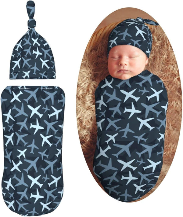 KiuLoam Camouflage Blue Jets Airplanes Newborn Swaddle Set with Matching Hat, Newborn