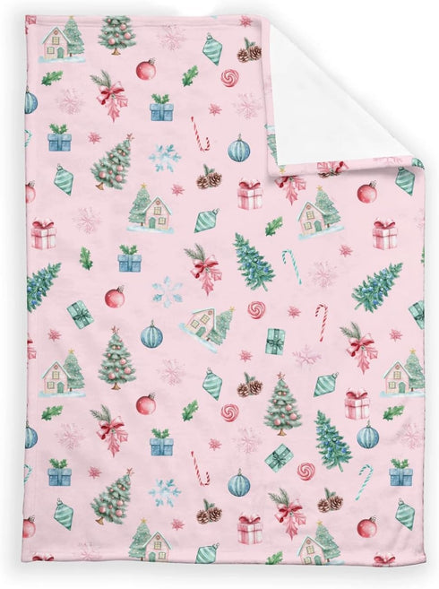 SqtmuHLuo 60x80inch Pink Christmas Baby Blanket for Boys Girls Christmas Tree Candy Gift Watercolor Snowflake Holiday